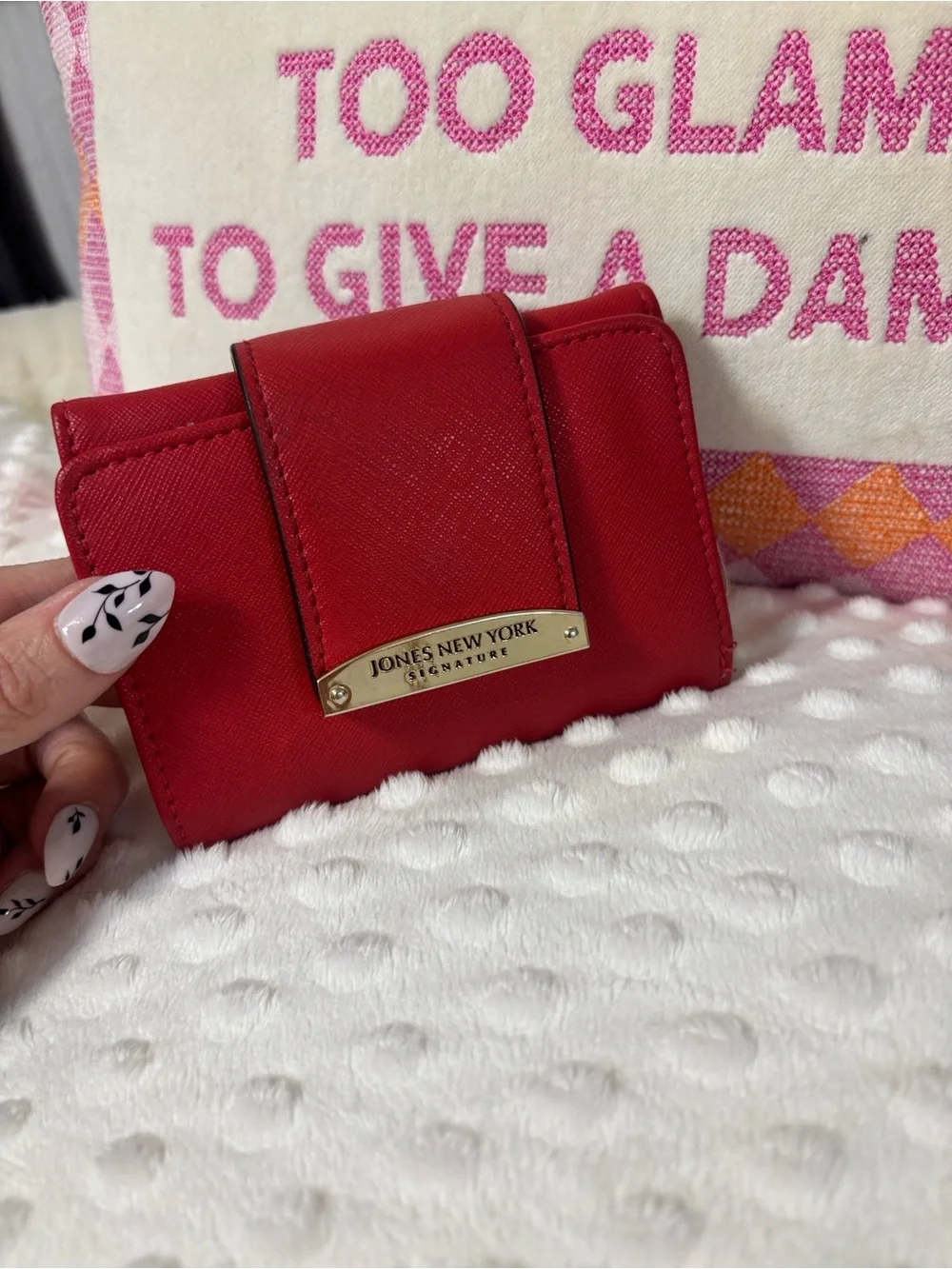 Jones New York Red Saffiano Leather Compact Wallet with Gold Plate